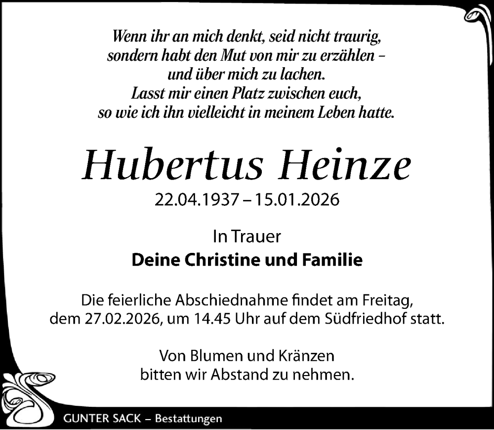  Traueranzeige für Hubertus Heinze vom 07.02.2026 aus Leipziger Volkszeitung