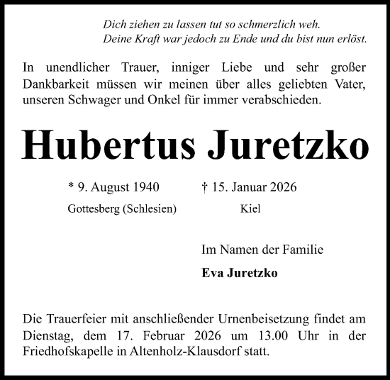 Traueranzeige von Hubertus Juretzko von Kieler Nachrichten