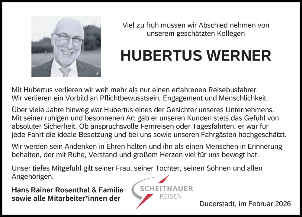  Traueranzeige für Hubertus Werner vom 21.02.2026 aus Göttinger Tageblatt