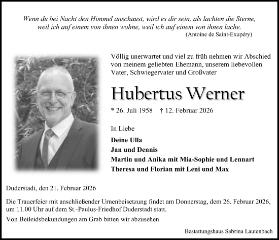 Traueranzeige von Hubertus Werner von Eichsfelder Tageblatt