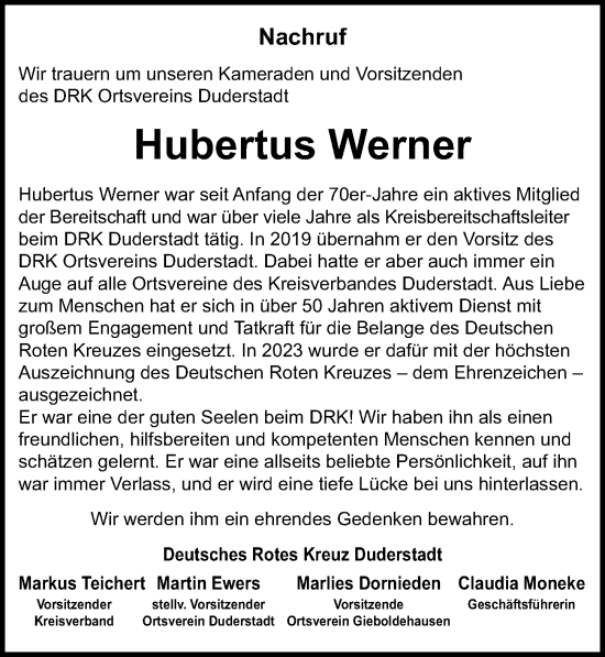 Traueranzeige von Hubertus Werner von Eichsfelder Tageblatt
