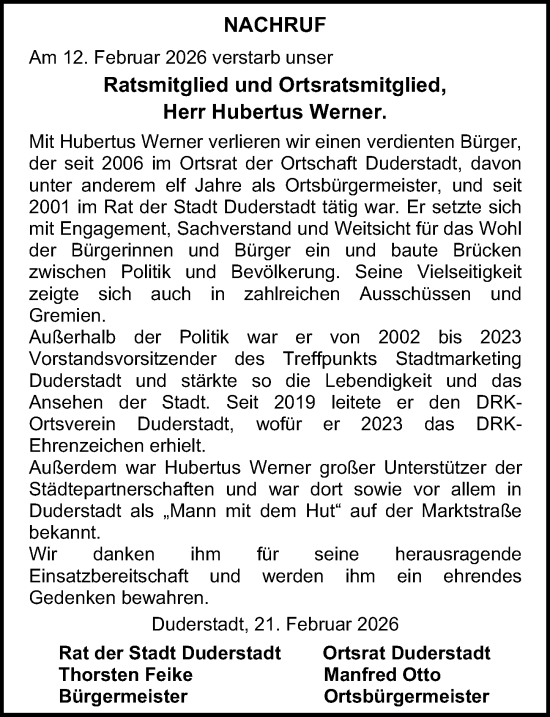 Traueranzeige von Hubertus Werner von Eichsfelder Tageblatt