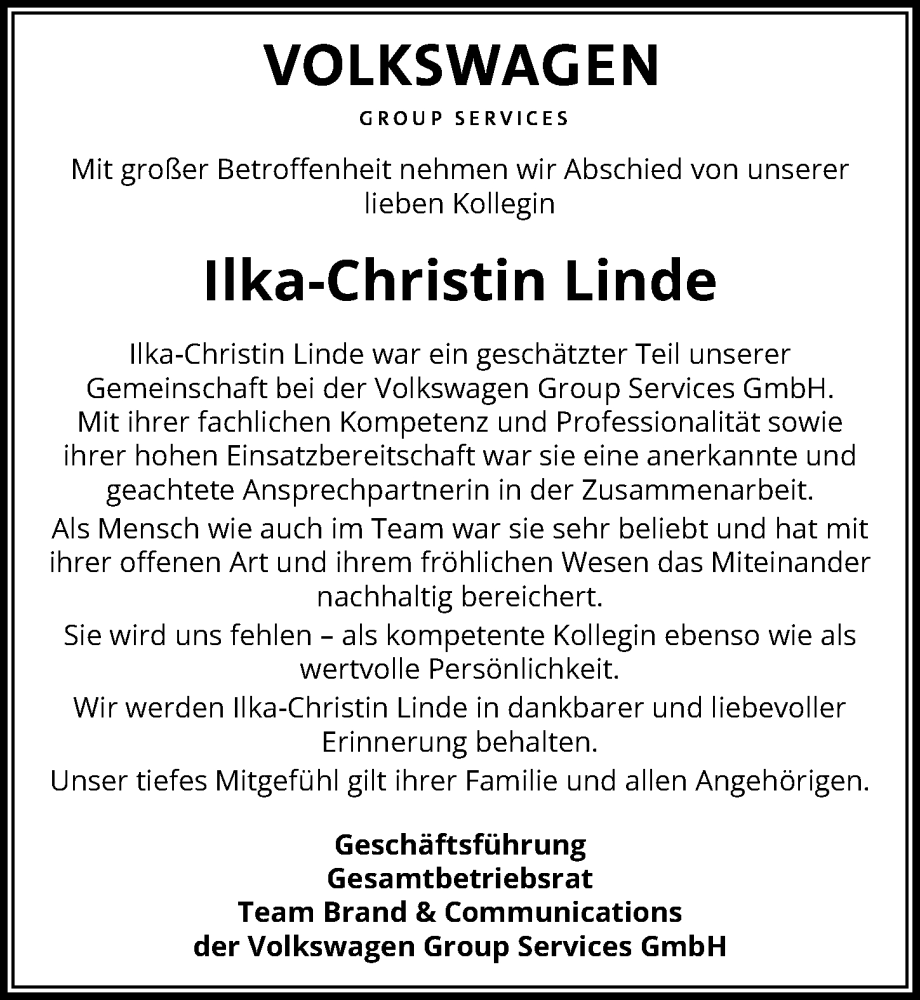  Traueranzeige für Ilka-Christin Linde vom 07.02.2026 aus Aller Zeitung