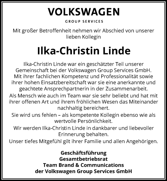 Traueranzeige von Ilka-Christin Linde von Hannoversche Allgemeine Zeitung/Neue Presse