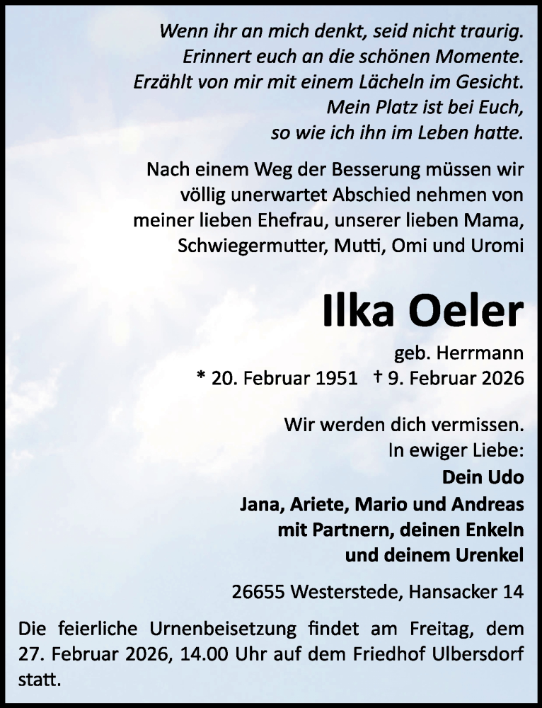  Traueranzeige für Ilka Oeler vom 21.02.2026 aus Sächsische Zeitung