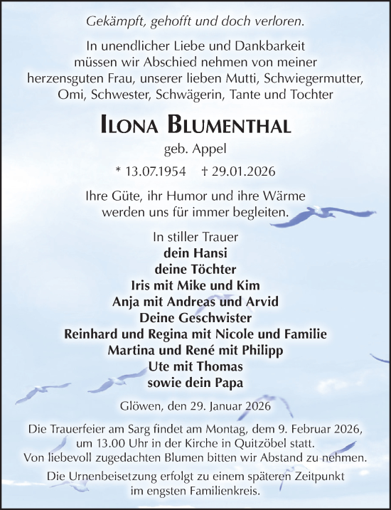 Traueranzeige von Ilona Blumenthal von Wochenspiegel