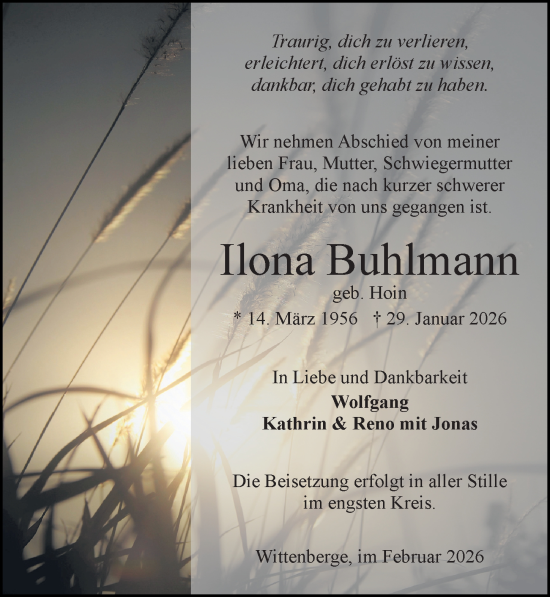 Traueranzeige von Ilona Buhlmann von Wochenspiegel