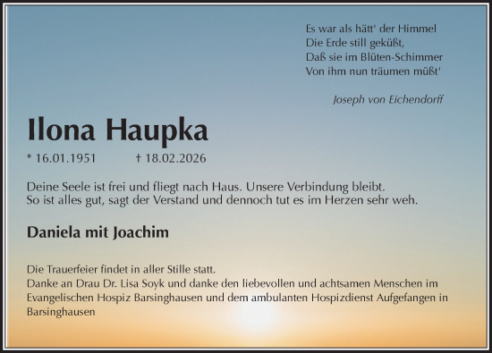 Traueranzeige von Ilona Haupka von Hannoversche Allgemeine Zeitung/Neue Presse