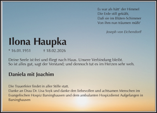 Traueranzeige von Ilona Haupka von Hannoversche Allgemeine Zeitung/Neue Presse