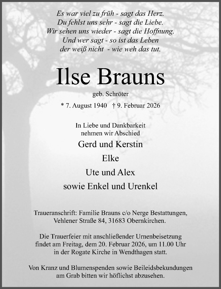  Traueranzeige für Ilse Brauns vom 14.02.2026 aus Schaumburger Nachrichten