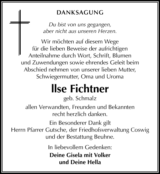 Traueranzeige von Ilse Fichtner von Sächsische Zeitung