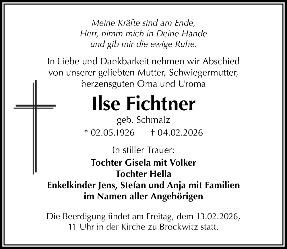  Traueranzeige für Ilse Fichtner vom 09.02.2026 aus Sächsische Zeitung