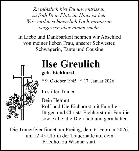 Traueranzeige von Ilse Greulich von Ostsee-Zeitung GmbH