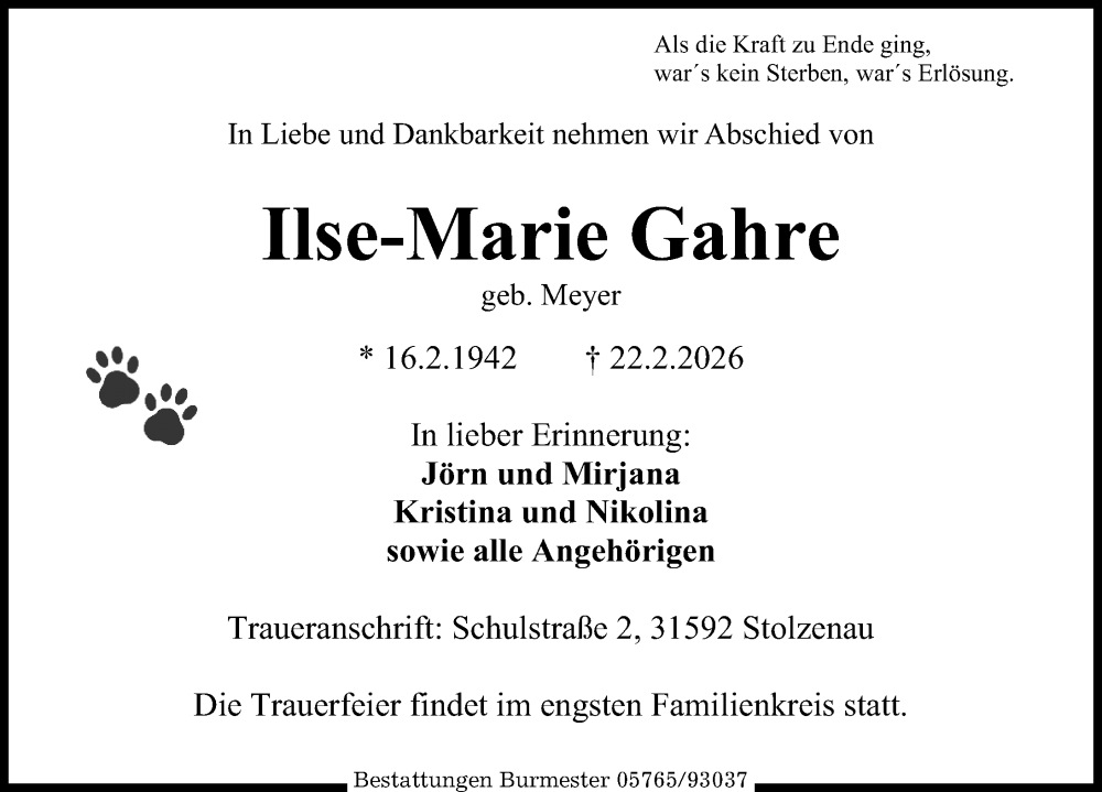  Traueranzeige für Ilse-Marie Gahre vom 28.02.2026 aus Die Harke