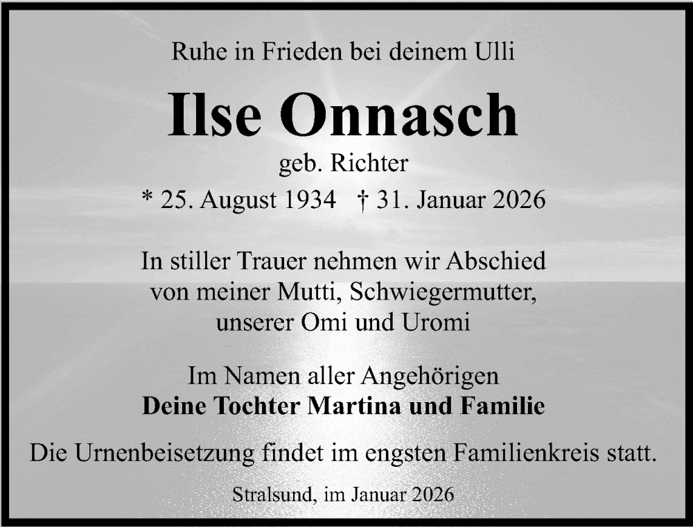  Traueranzeige für Ilse Onnasch vom 07.02.2026 aus Ostsee-Zeitung GmbH