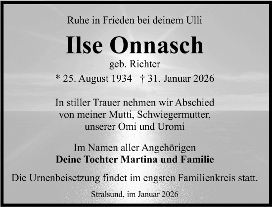 Traueranzeige von Ilse Onnasch von Ostsee-Zeitung GmbH