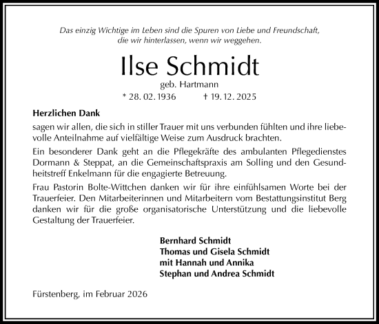 Traueranzeige von Ilse Schmidt von Täglicher Anzeiger Holzminden