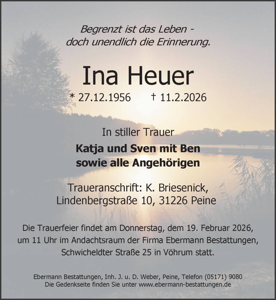  Traueranzeige für Ina Heuer vom 14.02.2026 aus Peiner Allgemeine Zeitung