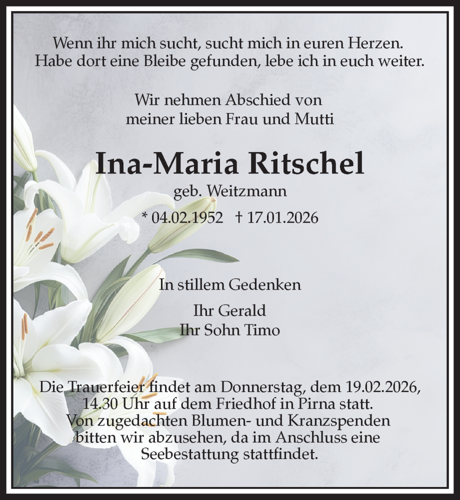  Traueranzeige für Ina-Maria Ritschel vom 07.02.2026 aus Sächsische Zeitung