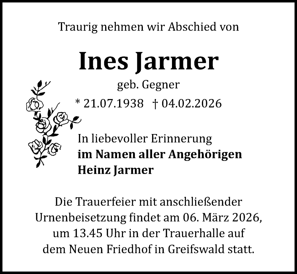  Traueranzeige für Ines Jarmer vom 21.02.2026 aus Ostsee-Zeitung GmbH