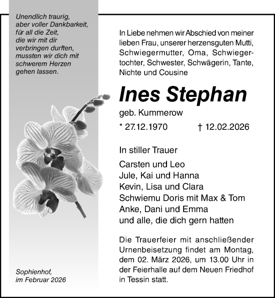 Traueranzeige von Ines Stephan von Ostsee-Zeitung GmbH