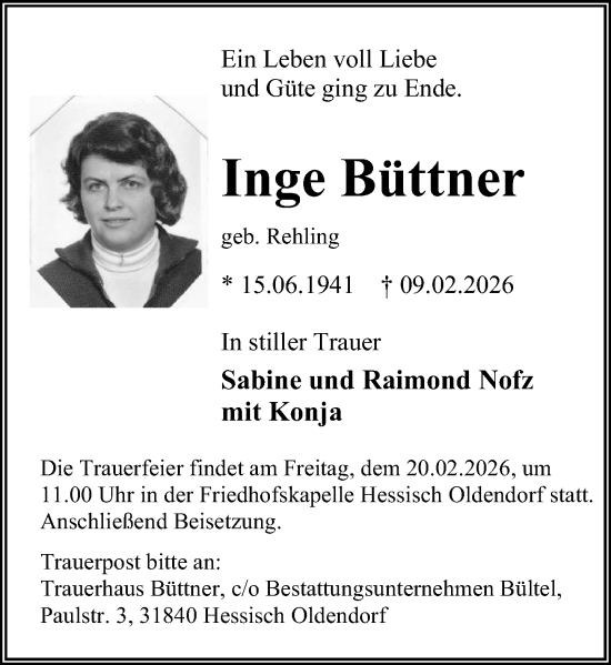 Traueranzeige von Inge Büttner von Schaumburger Nachrichten und Schaumburger Zeitung/ Landes-Zeitung