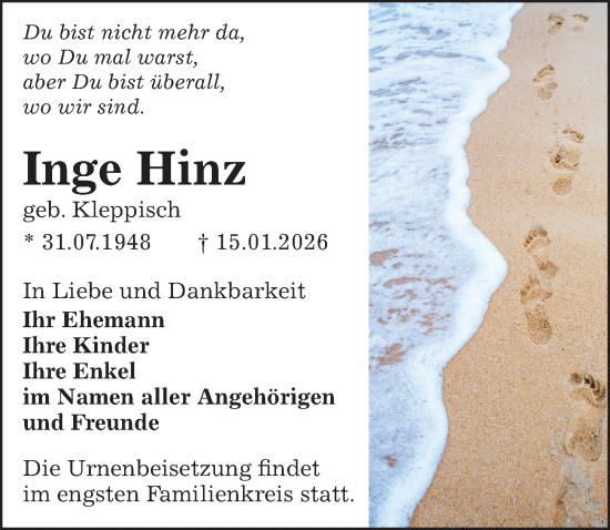 Traueranzeige von Inge Hinz von Sächsische Zeitung