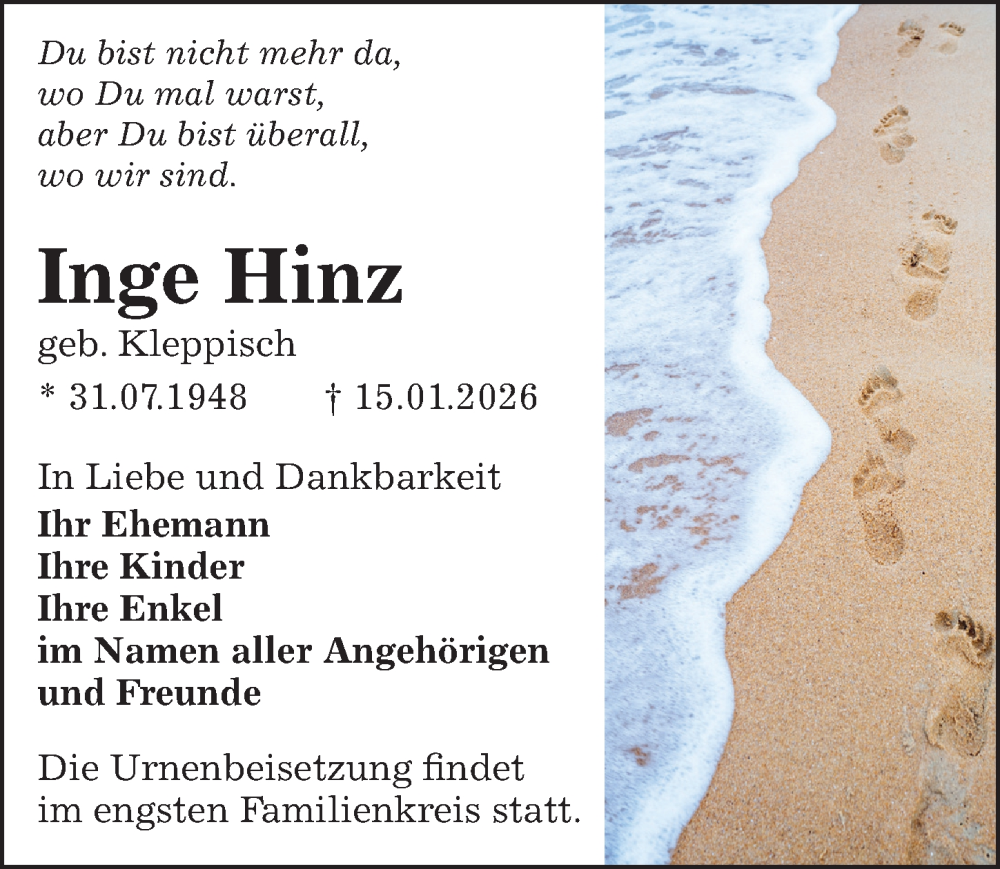  Traueranzeige für Inge Hinz vom 24.01.2026 aus Sächsische Zeitung