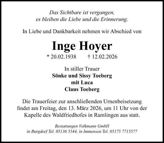 Traueranzeige von Inge Hoyer von Schaumburger Nachrichten