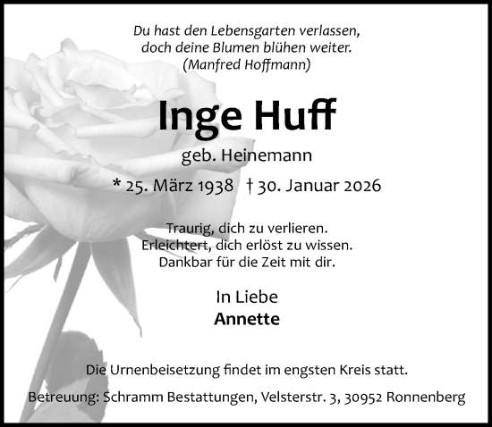 Traueranzeige von Inge Huff von Hannoversche Allgemeine Zeitung/Neue Presse