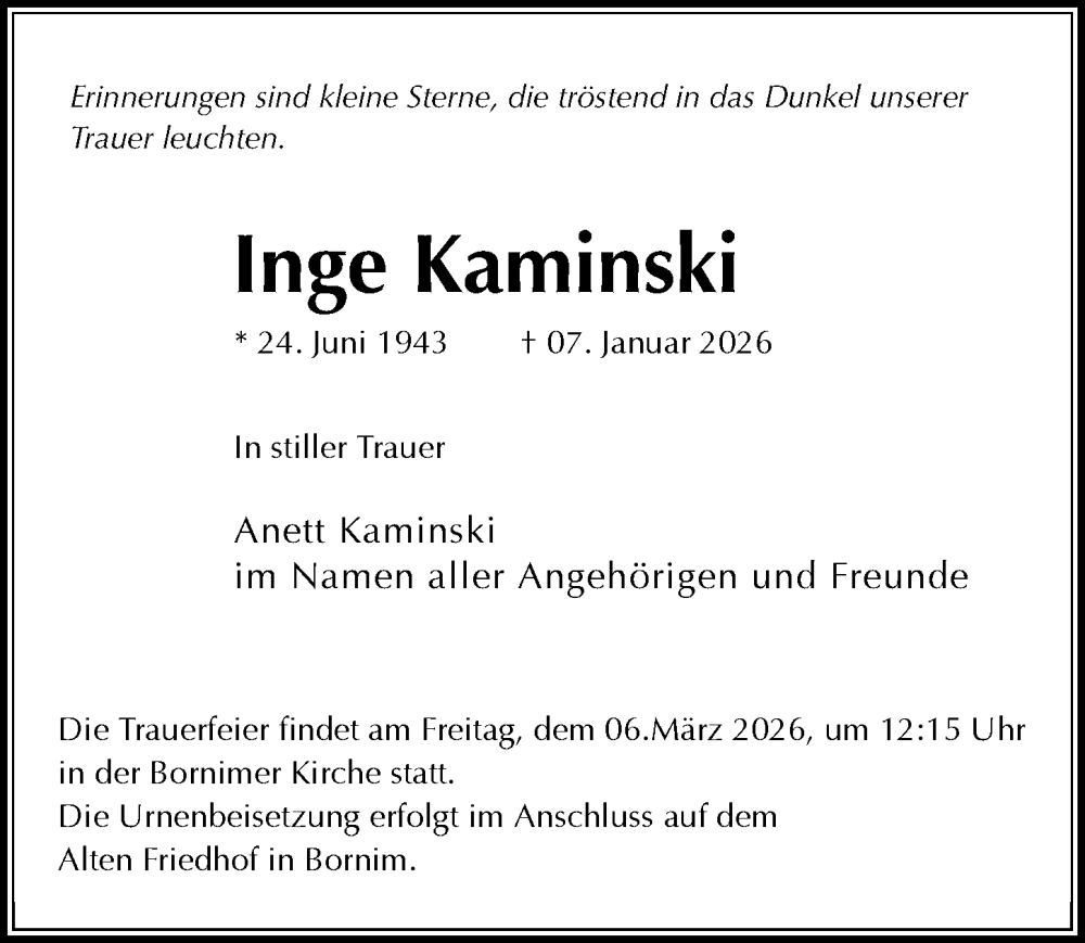  Traueranzeige für Inge Kaminski vom 21.02.2026 aus Märkischen Allgemeine Zeitung