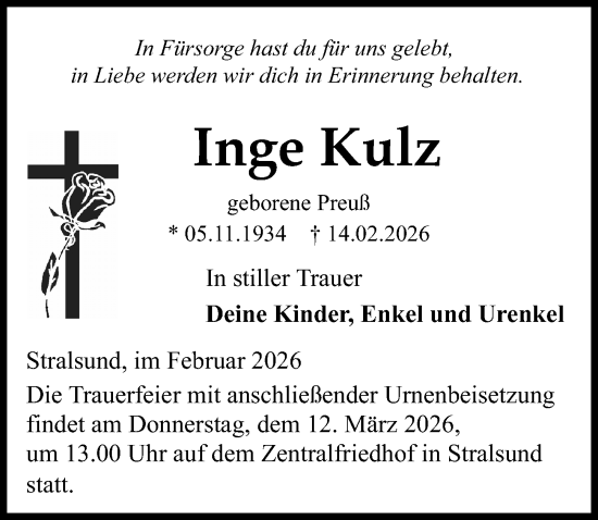 Traueranzeige von Inge Kulz von Ostsee-Zeitung GmbH