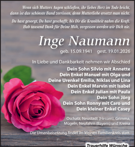 Traueranzeige von Inge Naumann von Leipziger Volkszeitung