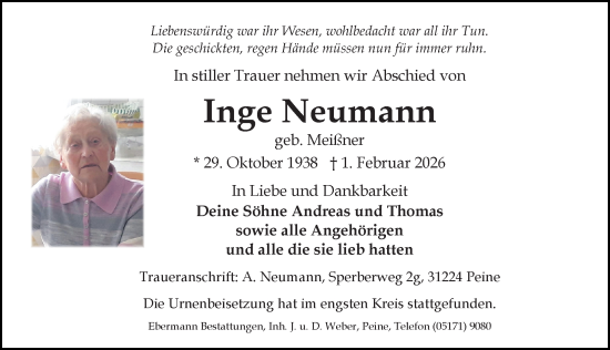 Traueranzeige von Inge Neumann von Peiner Allgemeine Zeitung