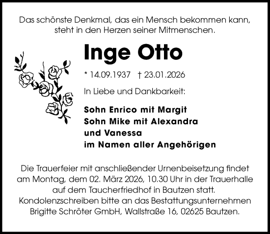 Traueranzeige von Inge Otto von Sächsische Zeitung