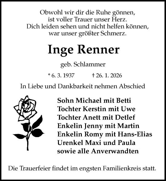 Traueranzeige von Inge Renner von Sächsische Zeitung