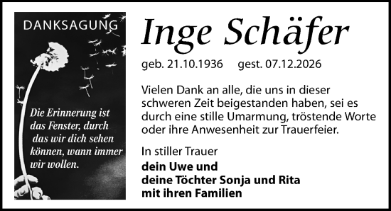 Traueranzeige von Inge Schäfer von Leipziger Volkszeitung