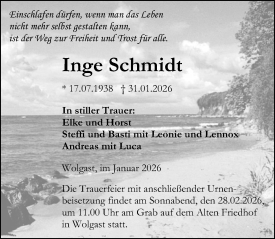 Traueranzeige von Inge Schmidt von Ostsee-Zeitung GmbH