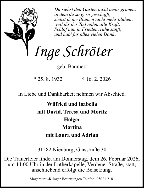 Traueranzeige von Inge Schröter von Die Harke
