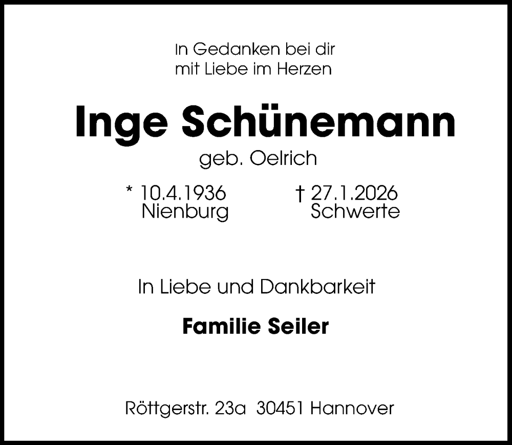  Traueranzeige für Inge Schünemann vom 07.02.2026 aus Die Harke