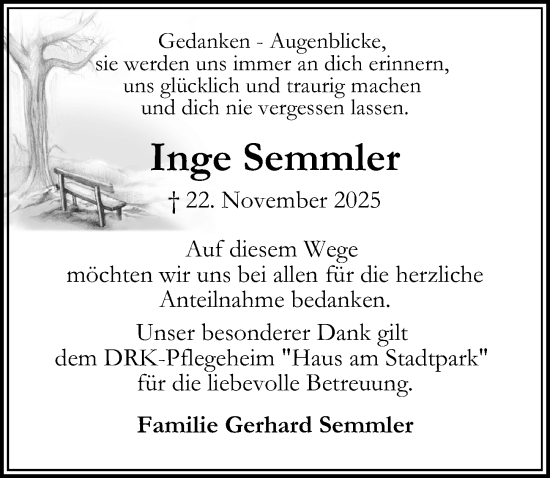 Traueranzeige von Inge Semmler von Peiner Allgemeine Zeitung