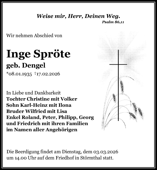Traueranzeige von Inge Spröte von Leipziger Volkszeitung