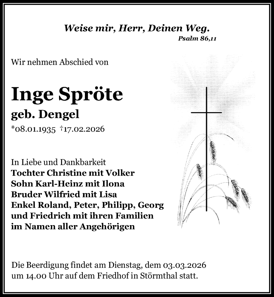  Traueranzeige für Inge Spröte vom 21.02.2026 aus Leipziger Volkszeitung