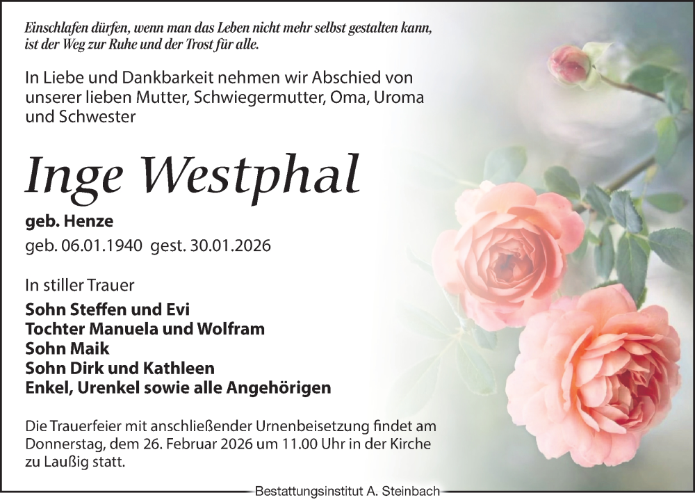  Traueranzeige für Inge Westphal vom 14.02.2026 aus Leipziger Volkszeitung