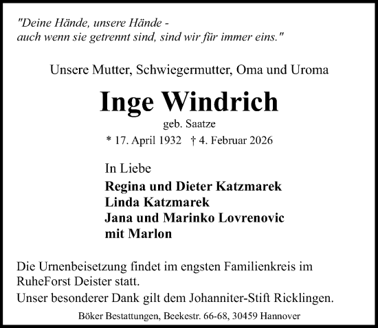 Traueranzeige von Inge Windrich von Hannoversche Allgemeine Zeitung/Neue Presse