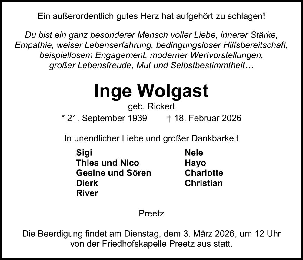  Traueranzeige für Inge Wolgast vom 21.02.2026 aus Kieler Nachrichten