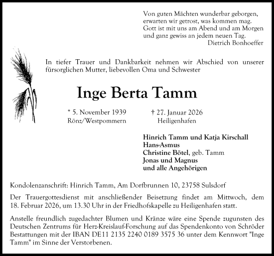 Traueranzeige von Inge Berta Tamm von Lübecker Nachrichten