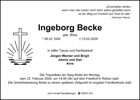 Traueranzeige von Ingeborg Becke von Aller Zeitung