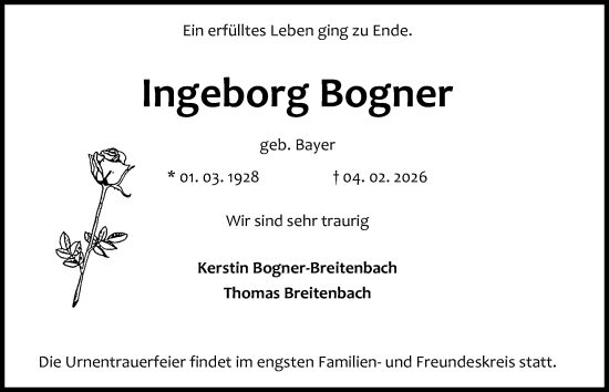 Traueranzeige von Ingeborg Bogner von Kieler Nachrichten