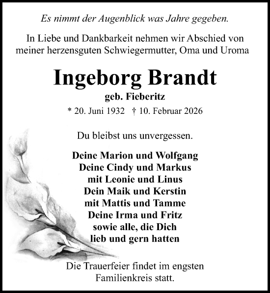 Traueranzeige von Ingeborg Brandt von Ostsee-Zeitung GmbH